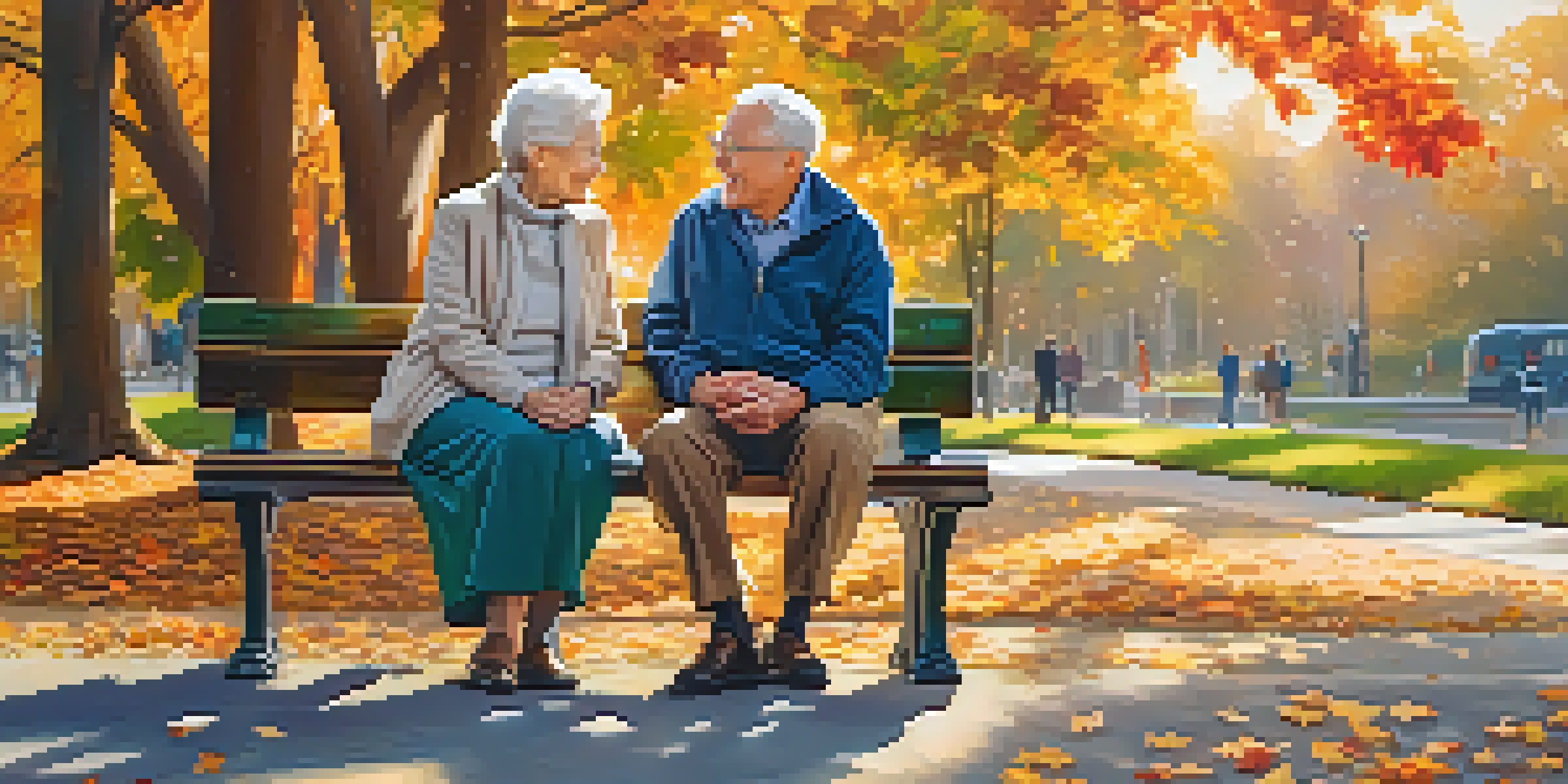 An elderly couple sitting on a park bench in a colorful autumn setting, smiling and talking to each other.