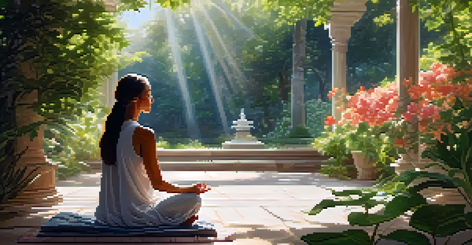 A woman meditating outdoors in a peaceful setting with greenery and flowers, highlighting mental wellness.