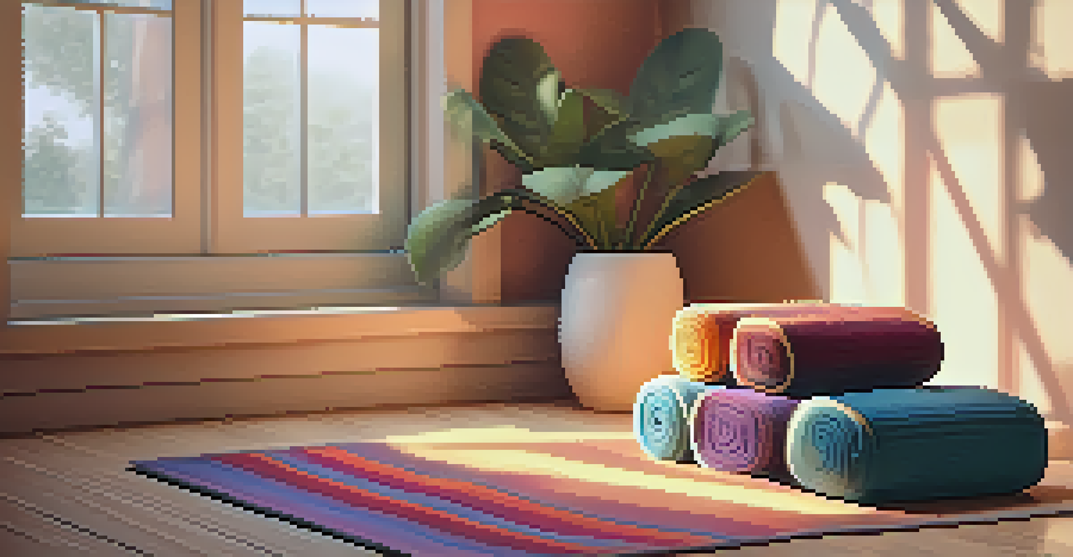 A cozy yoga corner displaying a stack of colorful yoga blocks, a strap, and a folded blanket, with warm light filtering through a window.