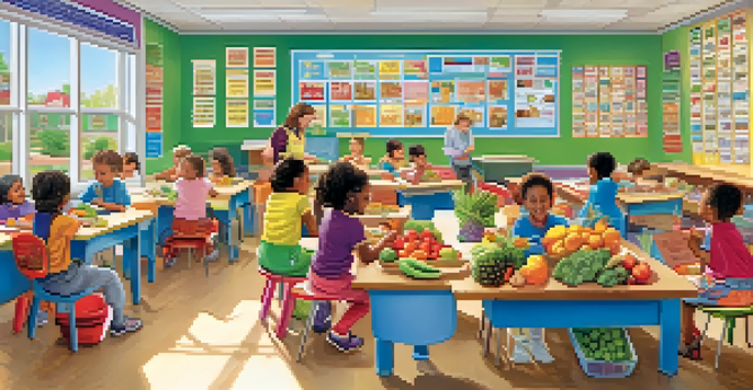 A vibrant classroom filled with children learning about nutrition through a game, with colorful posters and diverse students.
