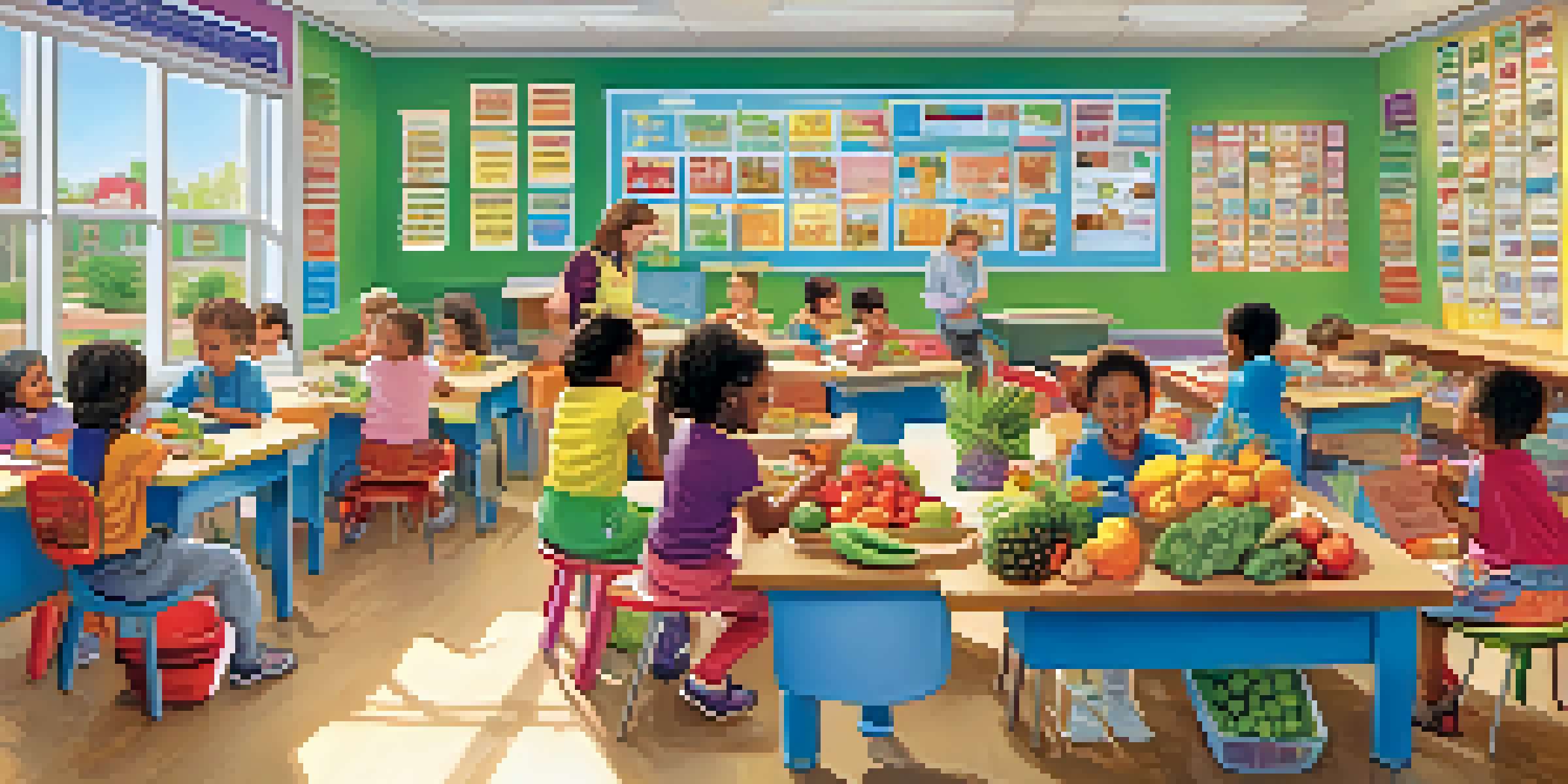 A vibrant classroom filled with children learning about nutrition through a game, with colorful posters and diverse students.