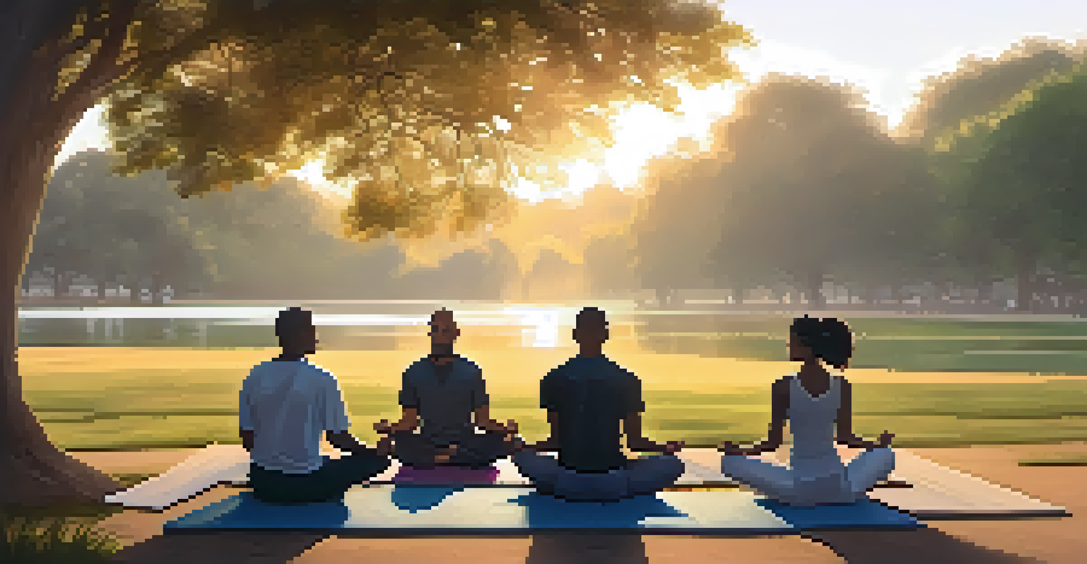 A diverse group of individuals practicing mindfulness meditation on yoga mats in a peaceful park during sunset.