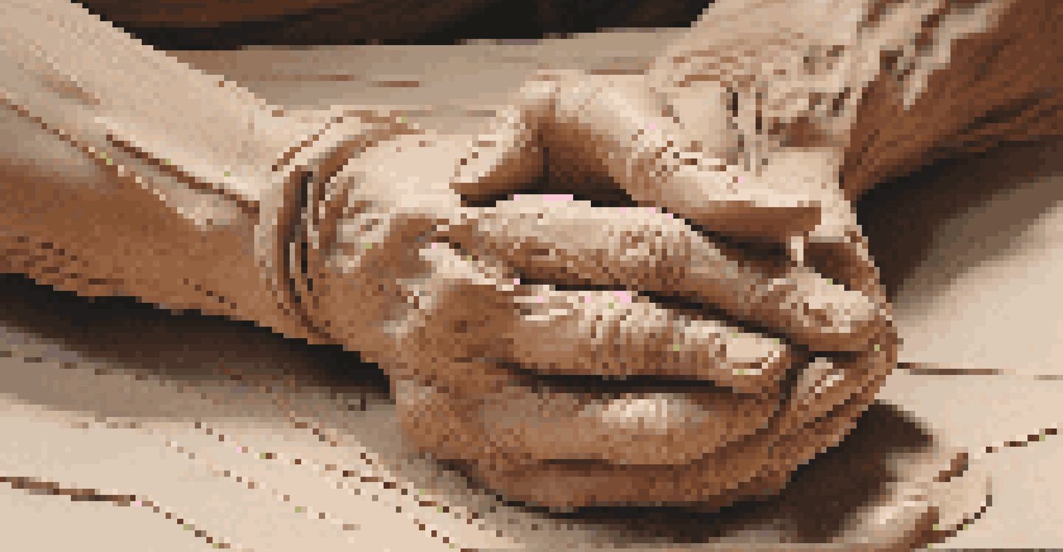 Close-up of hands sculpting clay, capturing the texture and detail of the creative process.