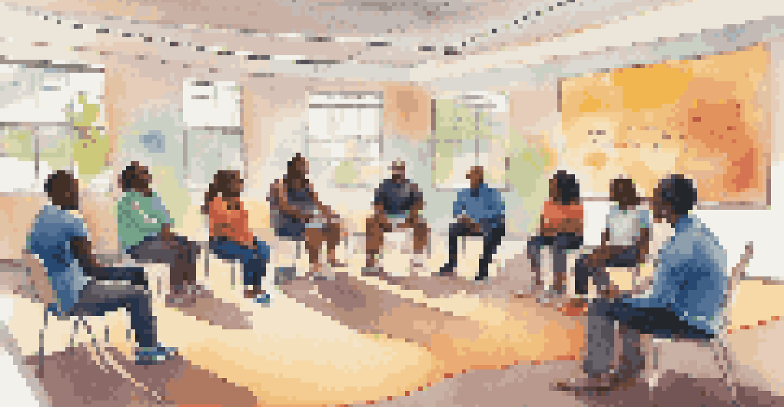 A lively group coaching session in a community center with clients sharing experiences and a coach facilitating the discussion.