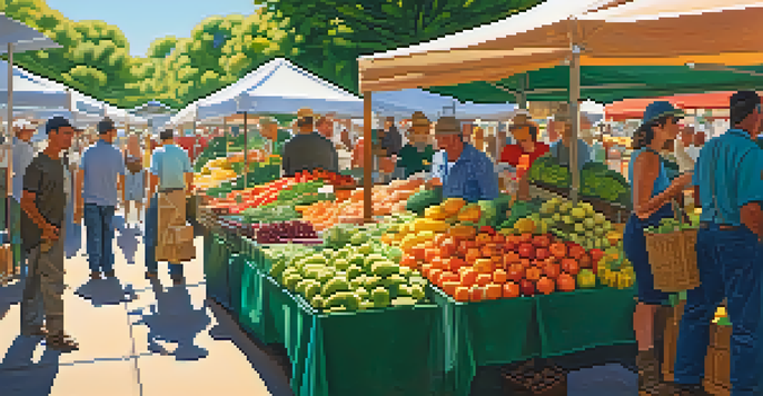 A lively farmer's market with colorful fruits and vegetables, people interacting with farmers under sunlight and green canopies.
