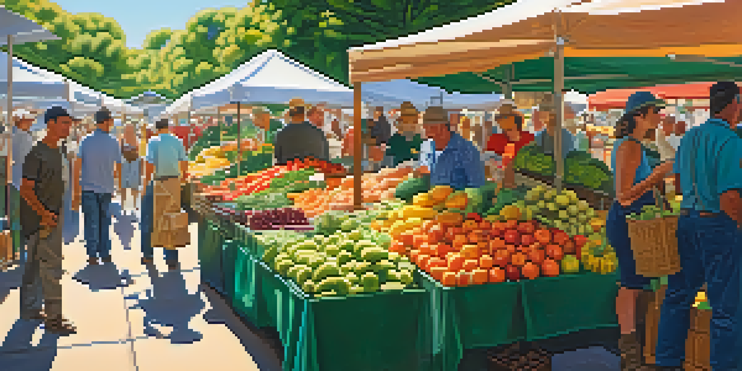 A lively farmer's market with colorful fruits and vegetables, people interacting with farmers under sunlight and green canopies.
