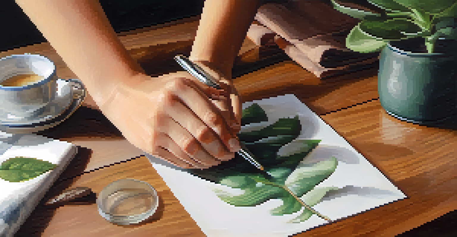 Hands engaging in a grounding exercise, touching various objects on a table.