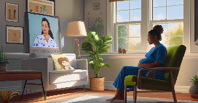 A pregnant woman sitting in a cozy living room, talking with a healthcare provider about vaccinations, with warm lighting and plants around.