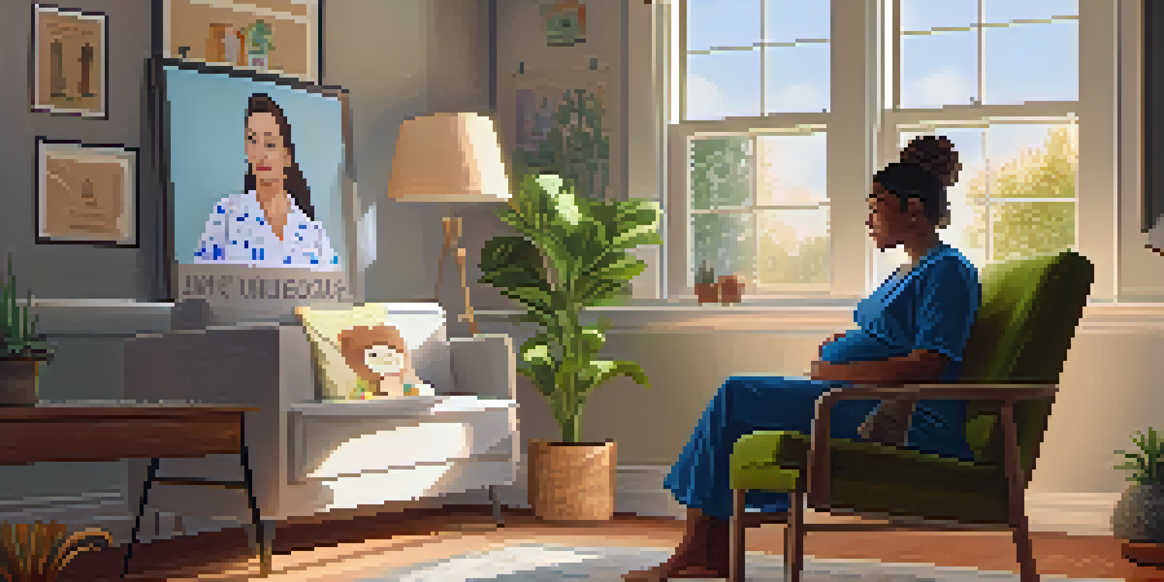 A pregnant woman sitting in a cozy living room, talking with a healthcare provider about vaccinations, with warm lighting and plants around.
