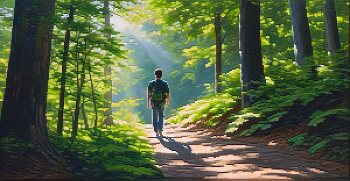 A person walking mindfully on a sunlit forest path, surrounded by greenery, exhibiting calmness and focus.