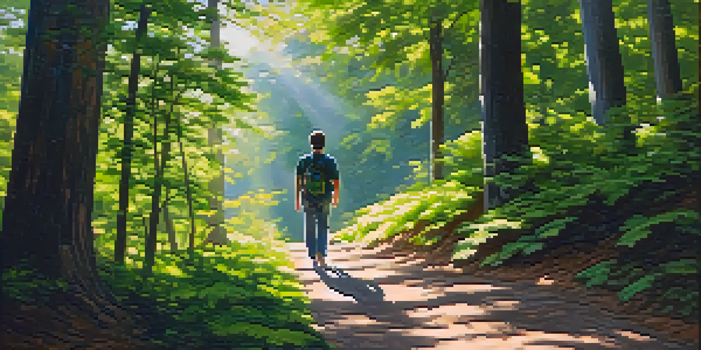 A person walking mindfully on a sunlit forest path, surrounded by greenery, exhibiting calmness and focus.