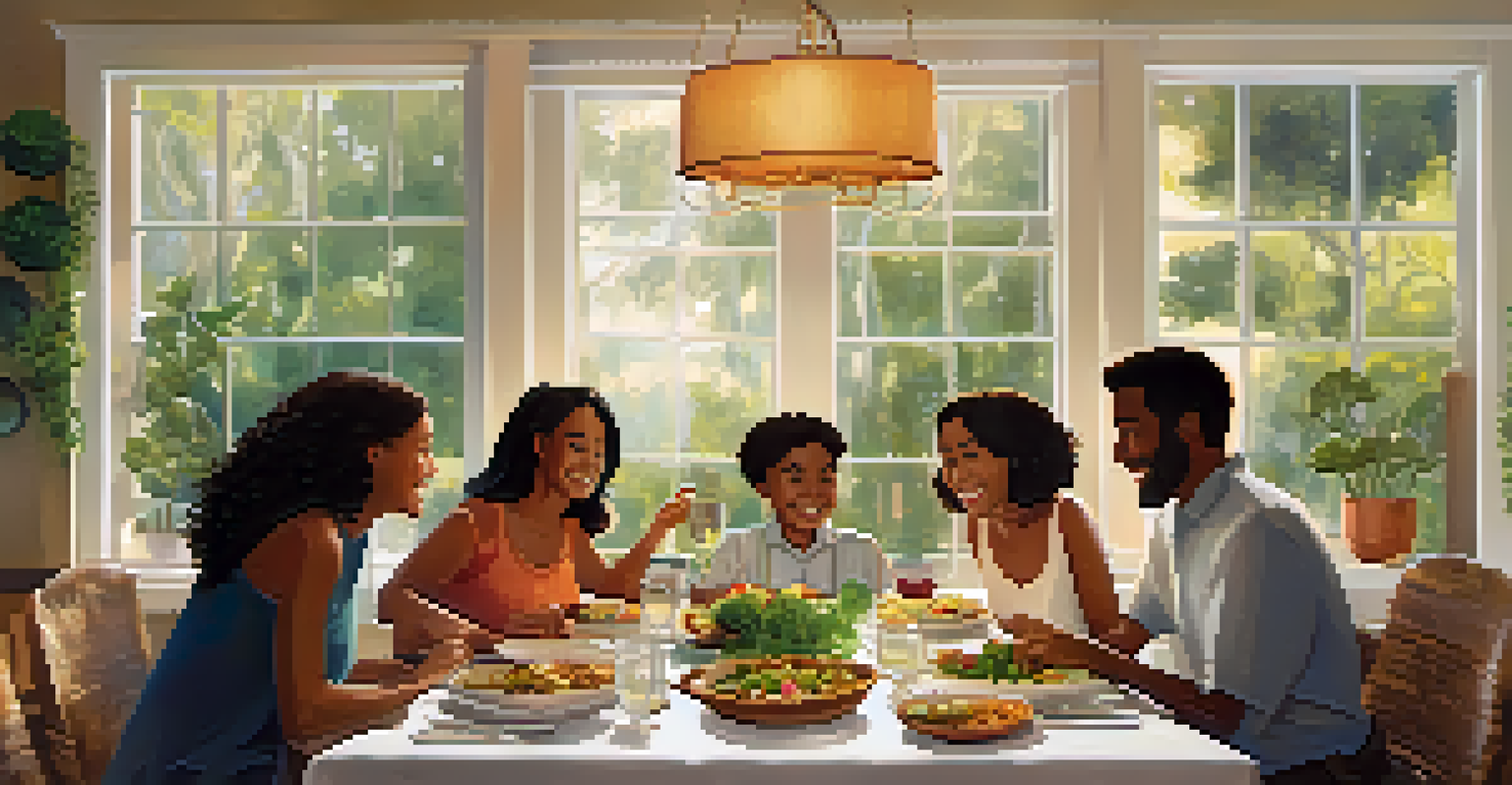 A warm and inviting dining table filled with nutritious dishes, surrounded by friends and family enjoying a meal together.