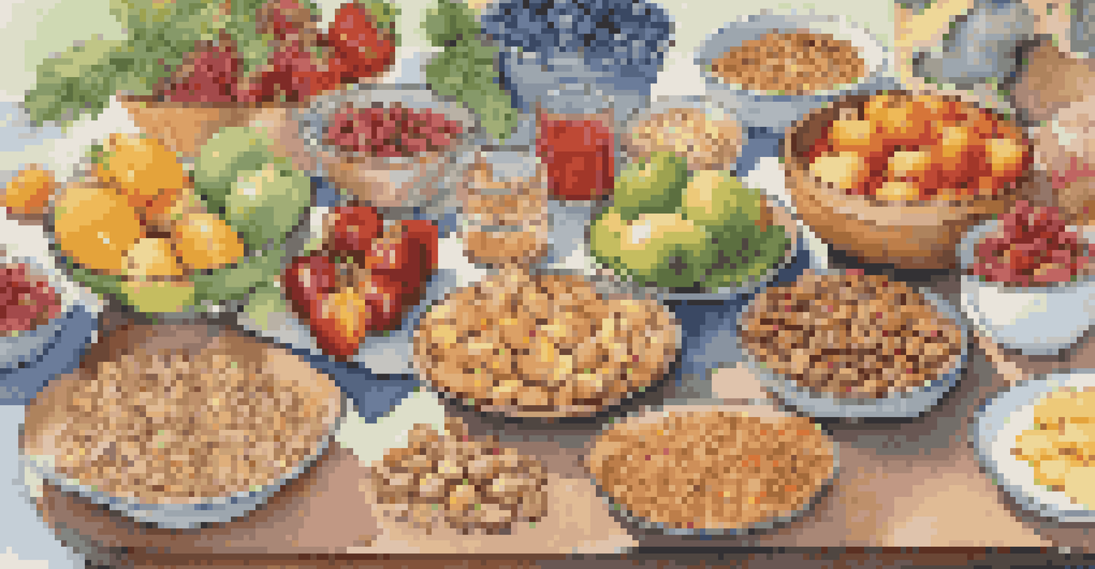 A table filled with healthy snacks while students participate in a cooking class in the background.