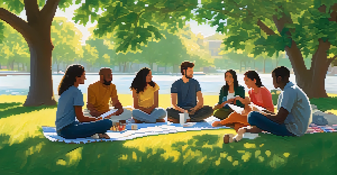 A diverse group of friends sitting in a circle outdoors, discussing stress management with notebooks, surrounded by greenery and soft sunlight.