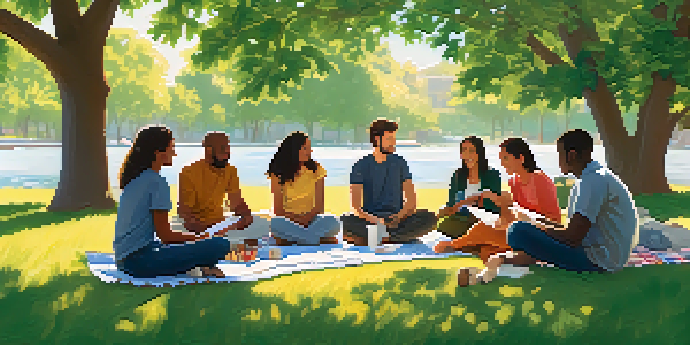 A diverse group of friends sitting in a circle outdoors, discussing stress management with notebooks, surrounded by greenery and soft sunlight.