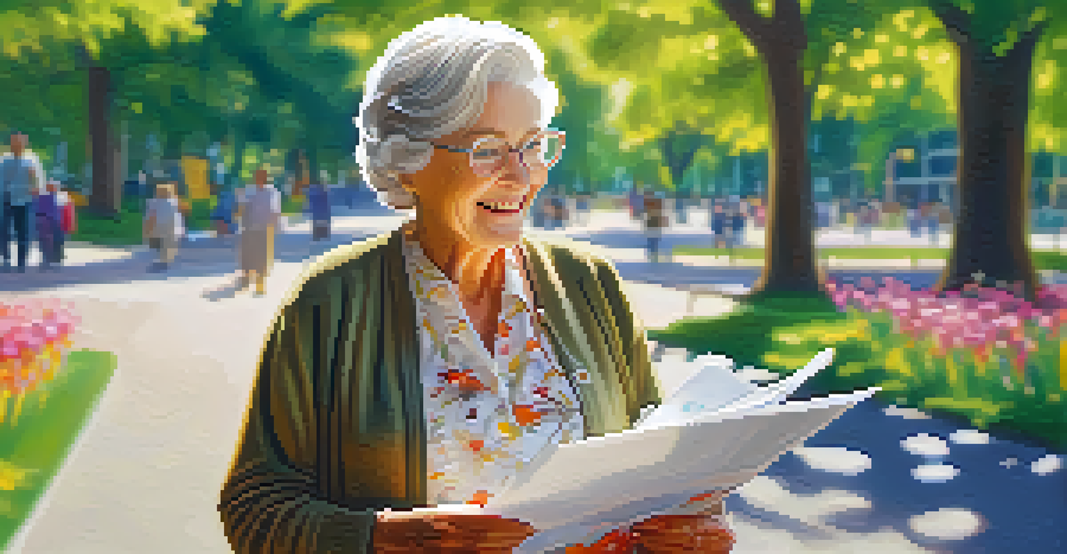 An elderly woman walking in a sunny park, holding a doctor's note and a water bottle, surrounded by flowers and trees.