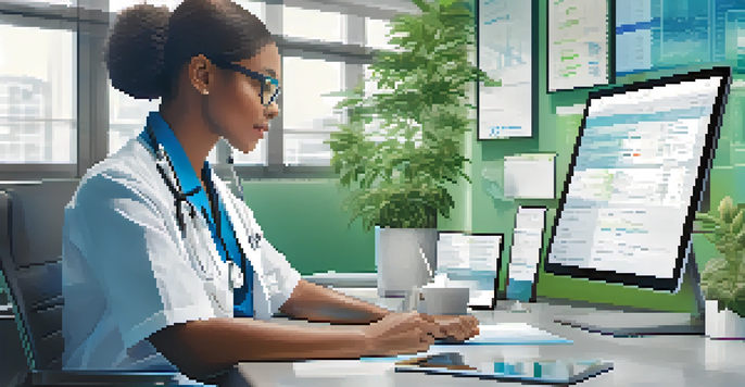 A healthcare professional using a digital tablet in a modern office, showcasing an Electronic Health Record interface.