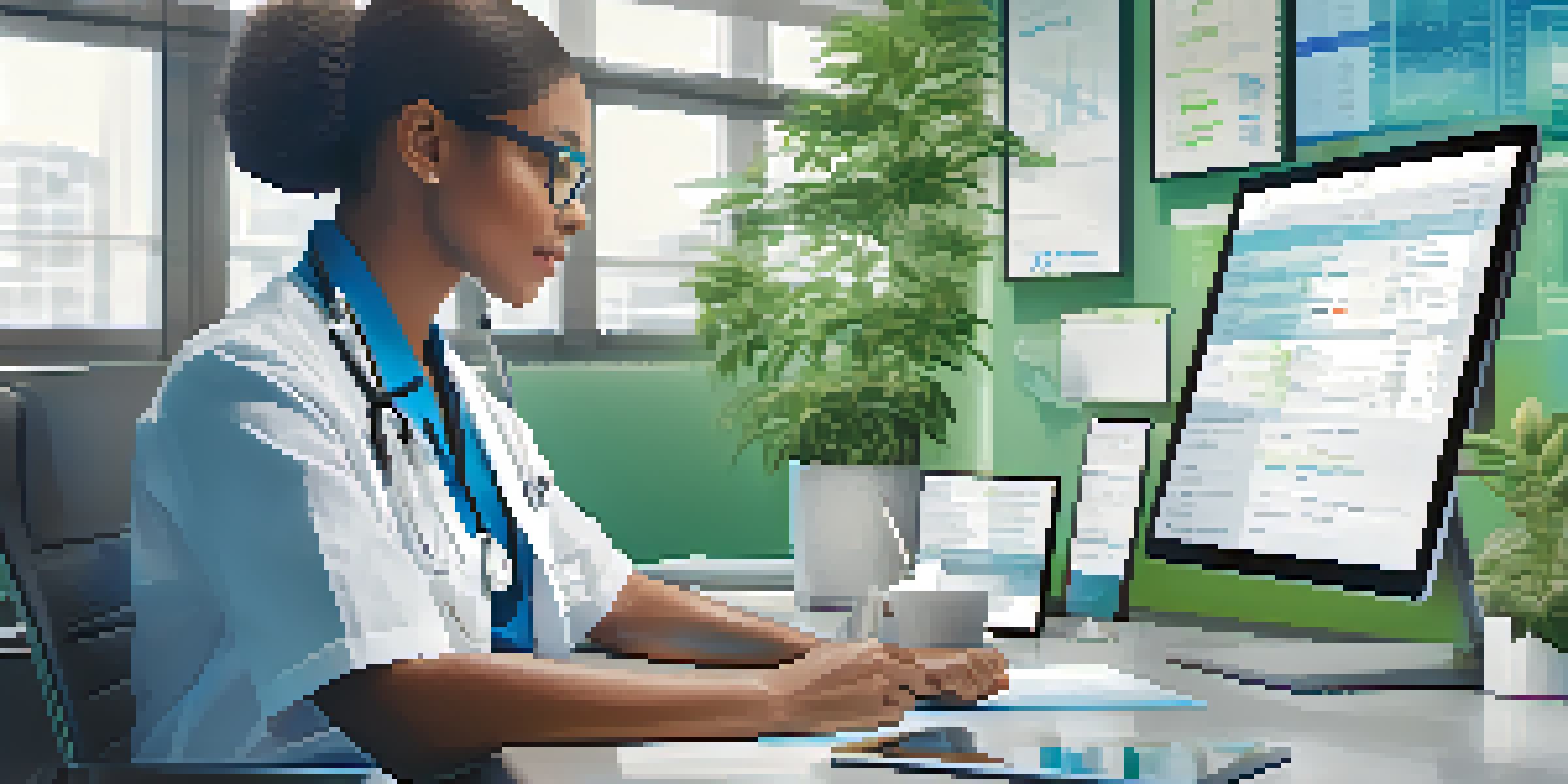 A healthcare professional using a digital tablet in a modern office, showcasing an Electronic Health Record interface.
