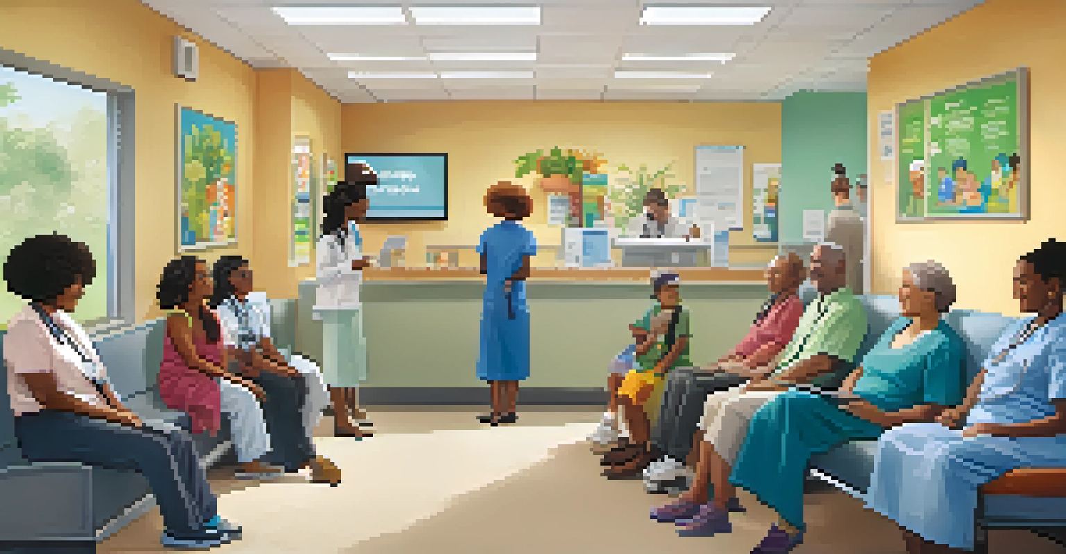 A diverse group of individuals of different ages sitting in a bright healthcare clinic waiting area, surrounded by health posters and comfortable seating.