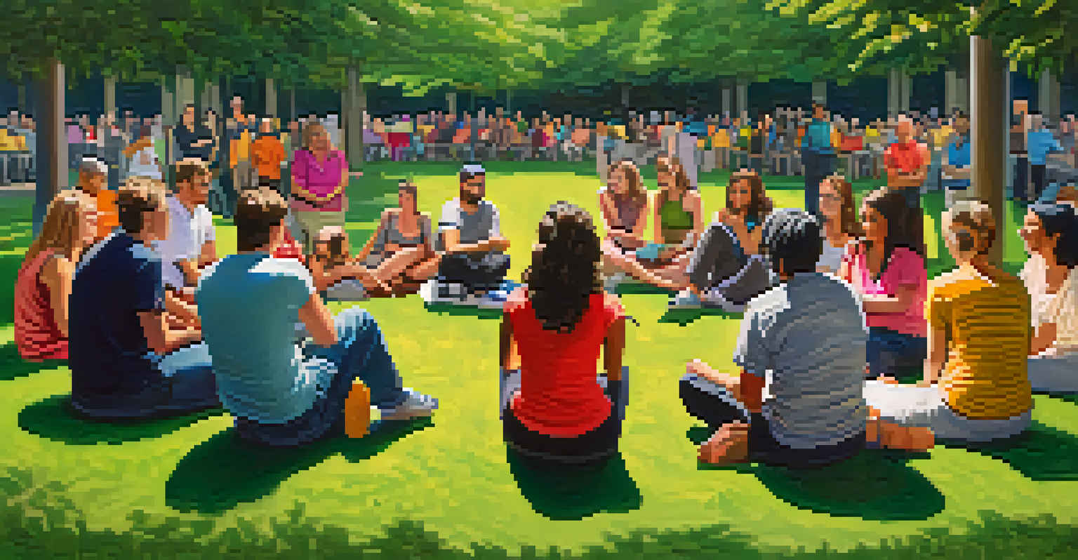 A group of people sitting in a circle in a park, sharing experiences during a support group meeting surrounded by nature.