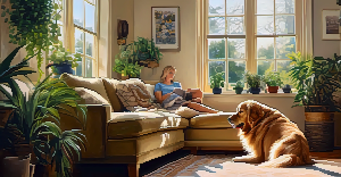 A person sitting on a sofa, petting a golden retriever in a sunlit living room filled with plants and family photos.