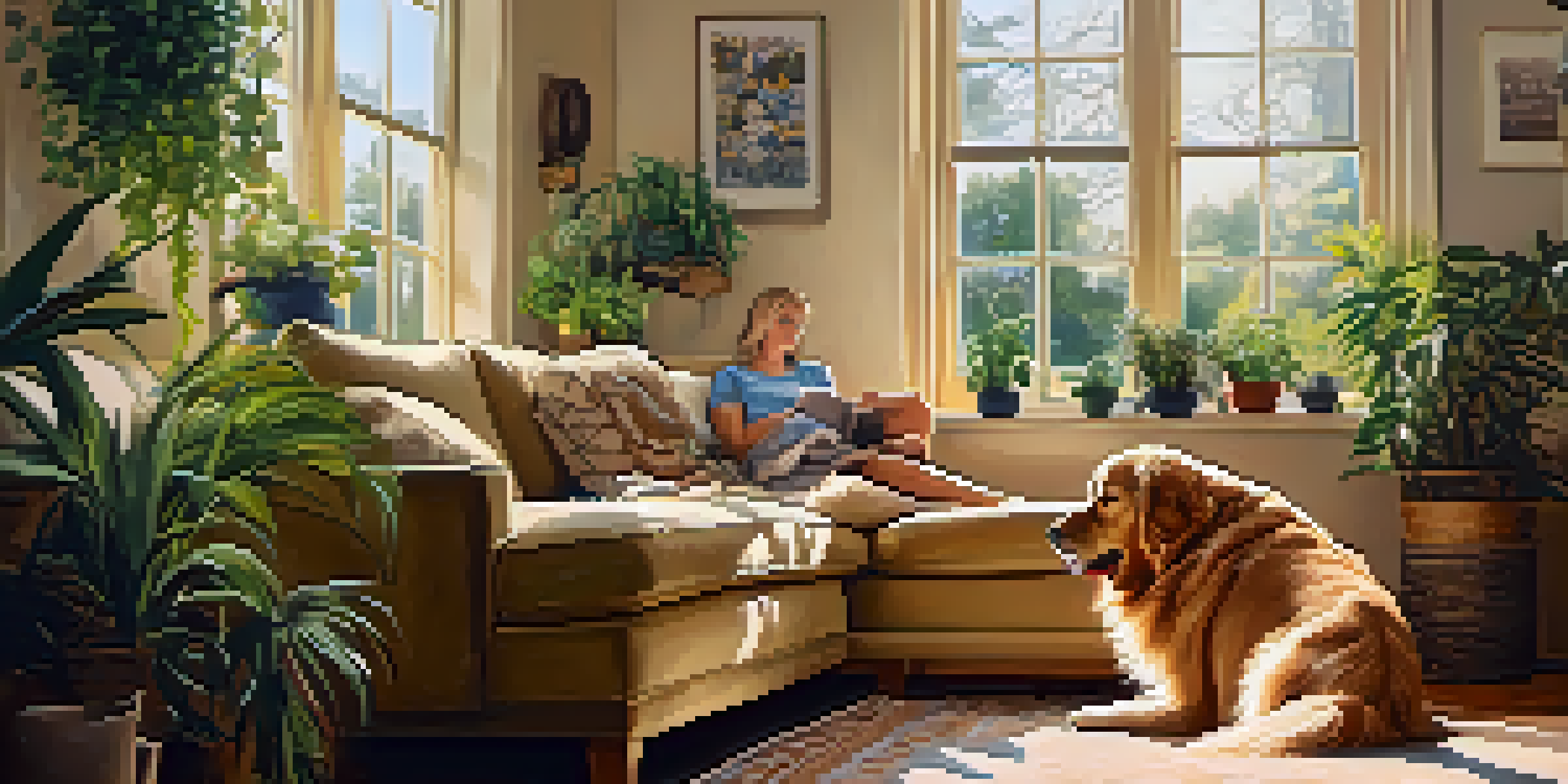 A person sitting on a sofa, petting a golden retriever in a sunlit living room filled with plants and family photos.