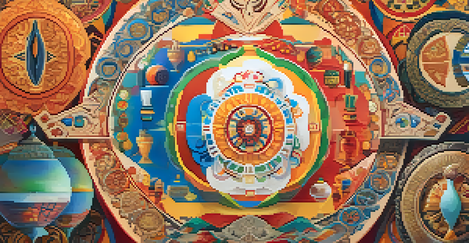 A circle of diverse cultural symbols in vibrant colors against a gradient background, representing unity in diversity.