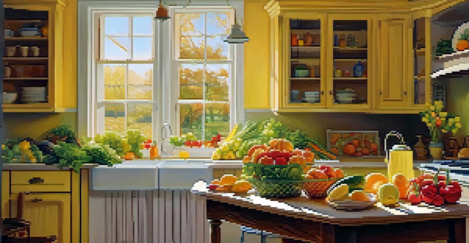 A bright kitchen with a wooden table full of fresh fruits and vegetables under warm sunlight.