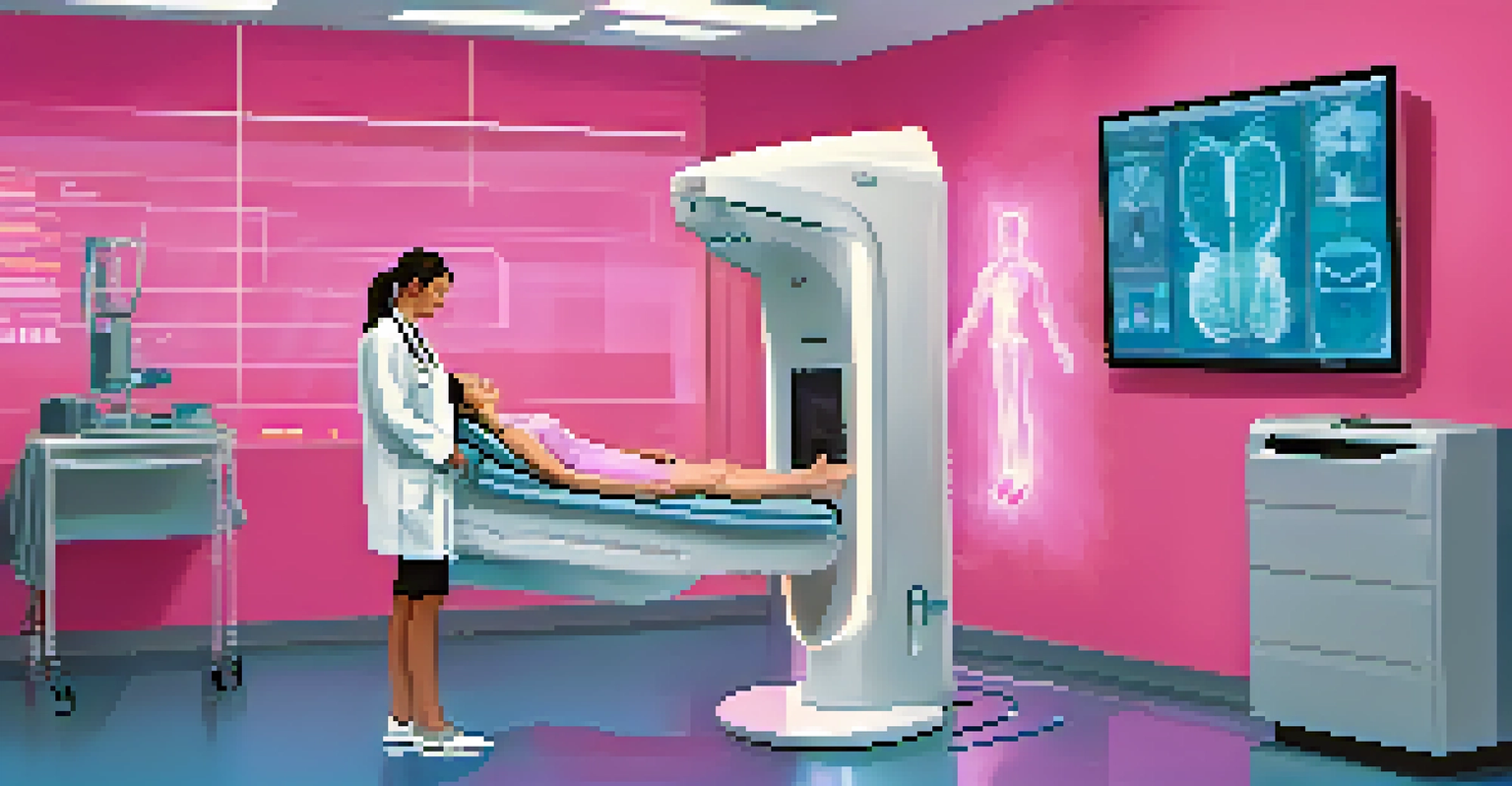 A modern clinic with a digital mammography machine and a healthcare professional assisting a patient, showcasing advanced technology in healthcare.