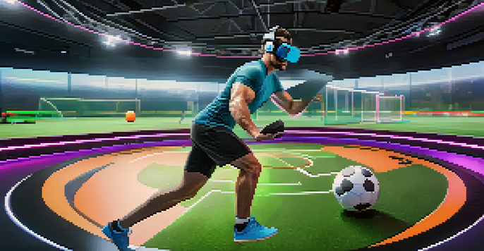 An athlete using virtual reality technology for rehabilitation on a digital soccer field.