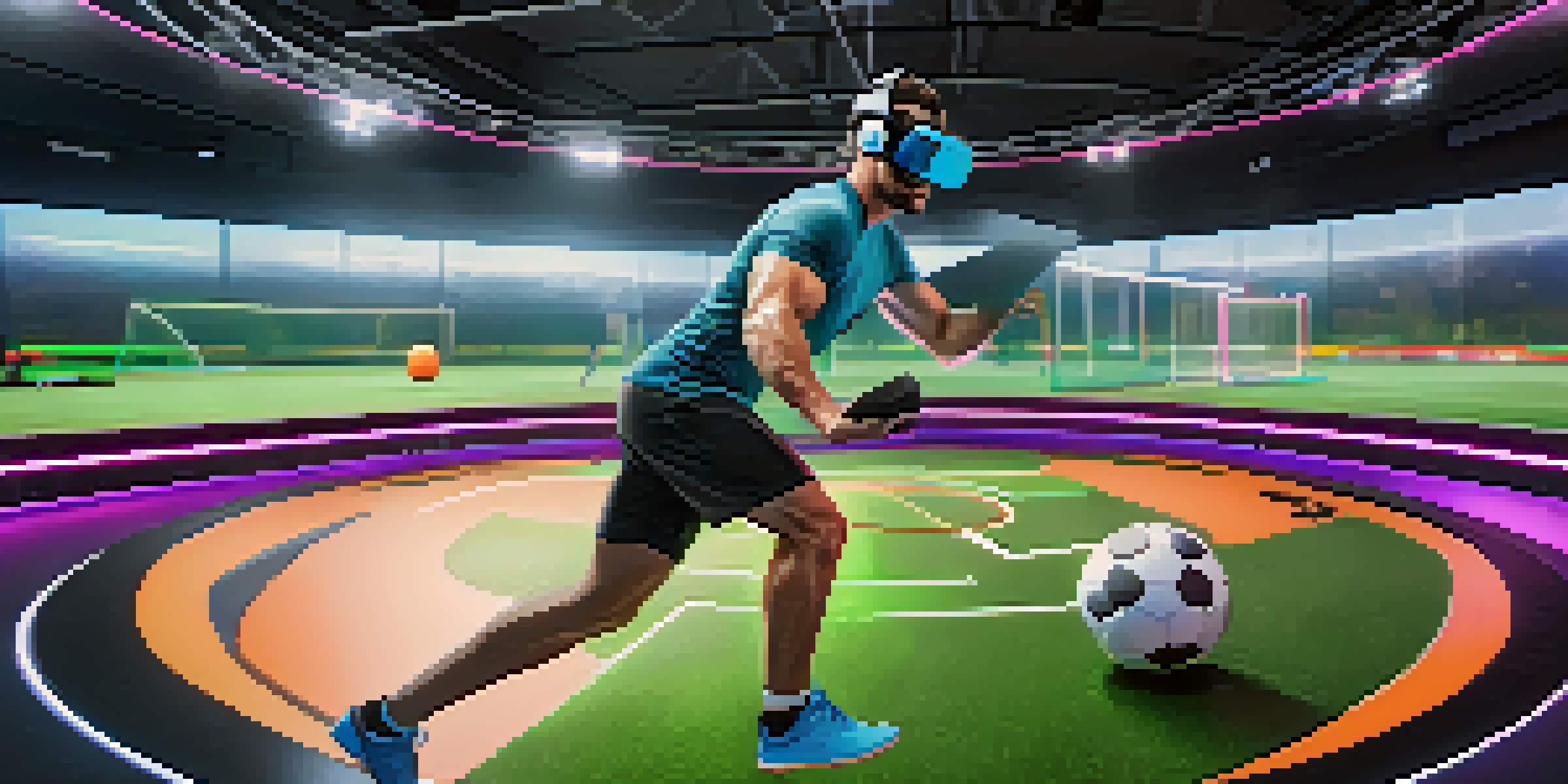 An athlete using virtual reality technology for rehabilitation on a digital soccer field.