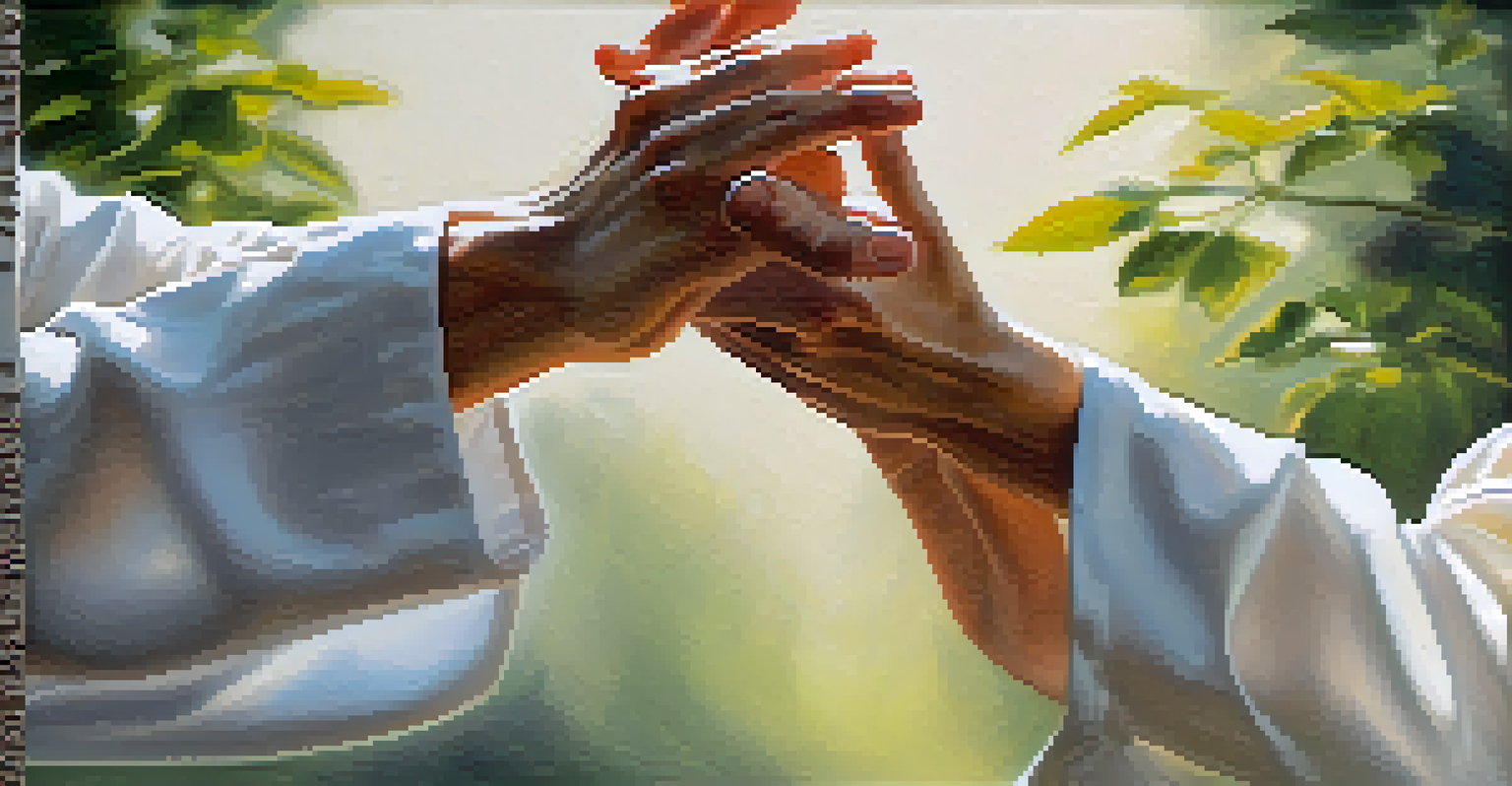 A close-up of hands in a Tai Chi posture against a tranquil garden background.