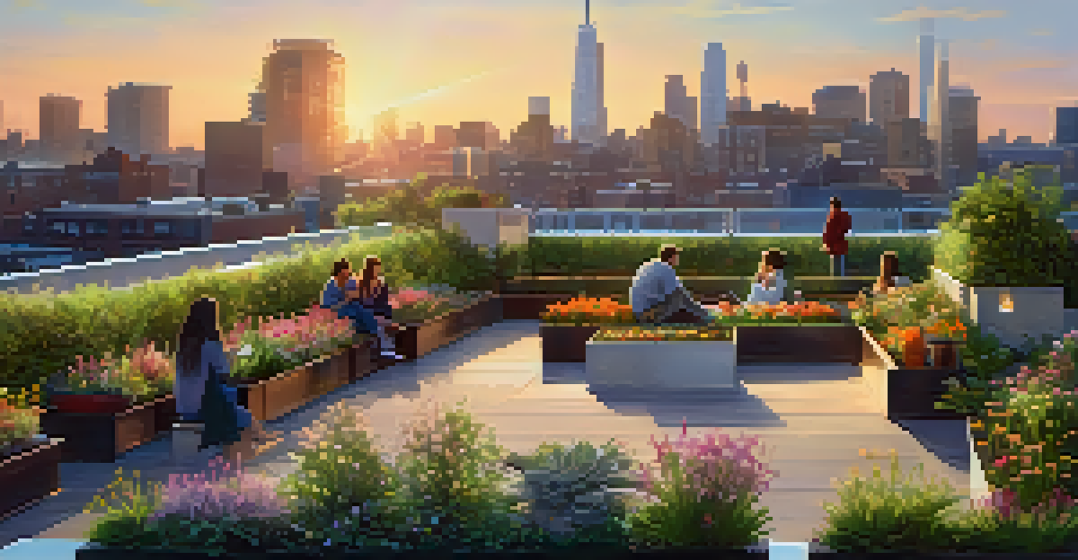 A rooftop garden with people relaxing and a view of the city skyline during sunset.