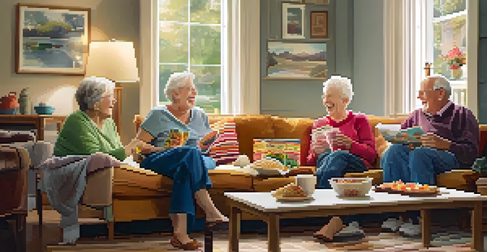 A group of happy seniors laughing together in a cozy living room, sharing stories and enjoying each other's company.