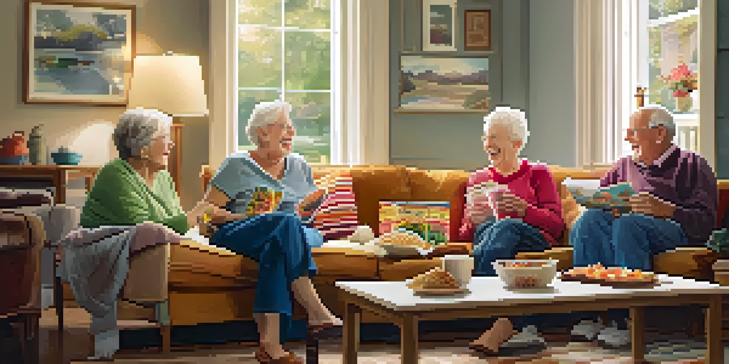 A group of happy seniors laughing together in a cozy living room, sharing stories and enjoying each other's company.