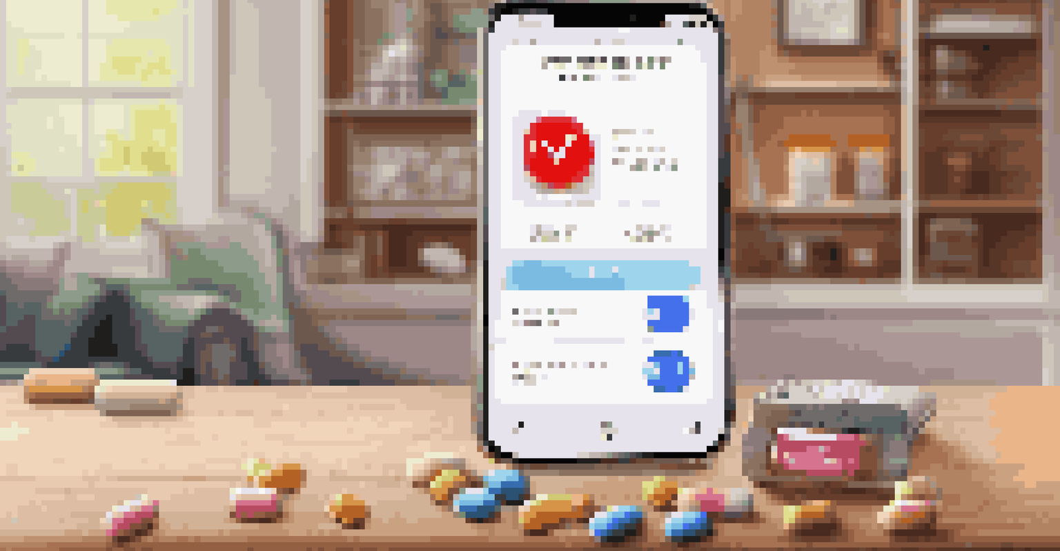 A close-up of a smartphone with a medication reminder app beside pill organizers on a wooden table.