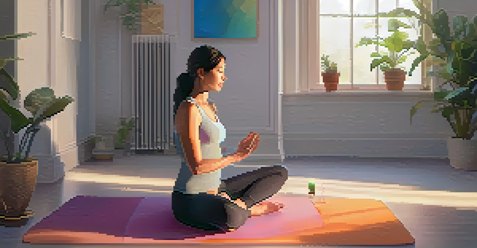 A woman practicing biofeedback on a yoga mat with a digital device showing her heart rate.