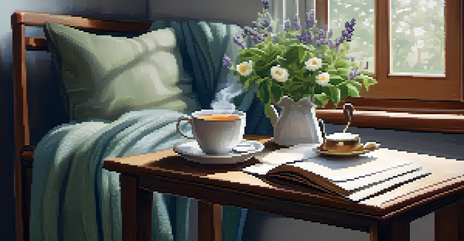 A cozy reading nook with a cup of herbal tea and a book, designed for relaxation and good sleep hygiene.