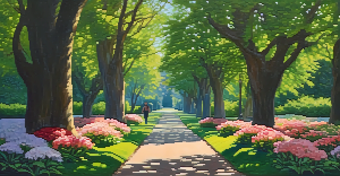 A person walking in a vibrant green park filled with flowers and trees, enjoying the sunlight filtering through the leaves.
