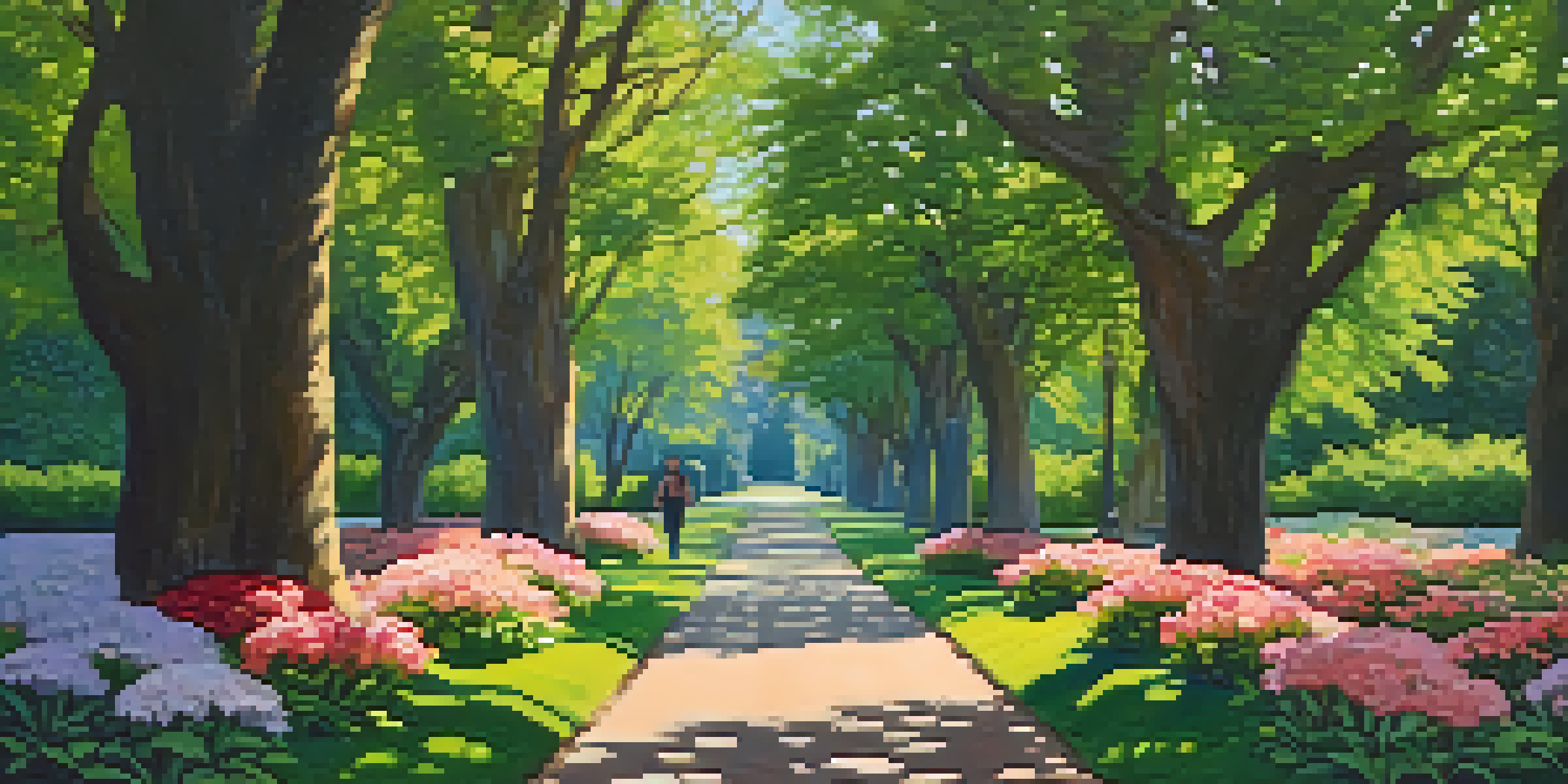 A person walking in a vibrant green park filled with flowers and trees, enjoying the sunlight filtering through the leaves.
