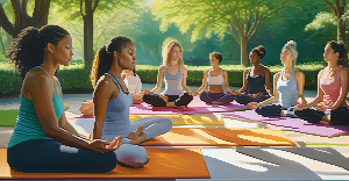 A diverse group of women practicing yoga in a sunlit park, surrounded by greenery and flowers.
