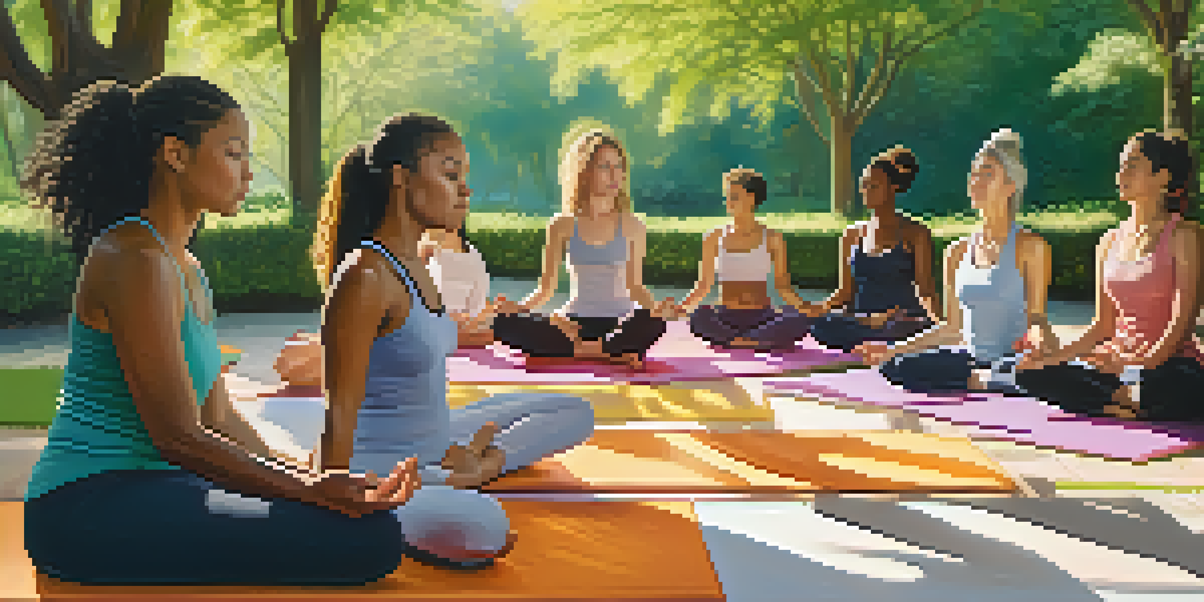 A diverse group of women practicing yoga in a sunlit park, surrounded by greenery and flowers.