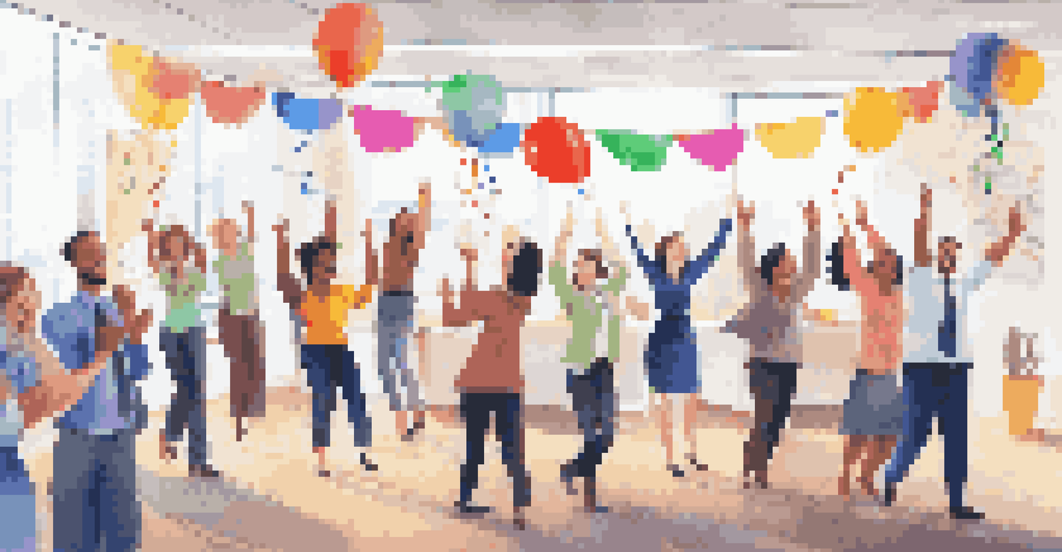 Employees celebrating feedback successes in an office with balloons and a banner that reads 'Feedback Matters'.