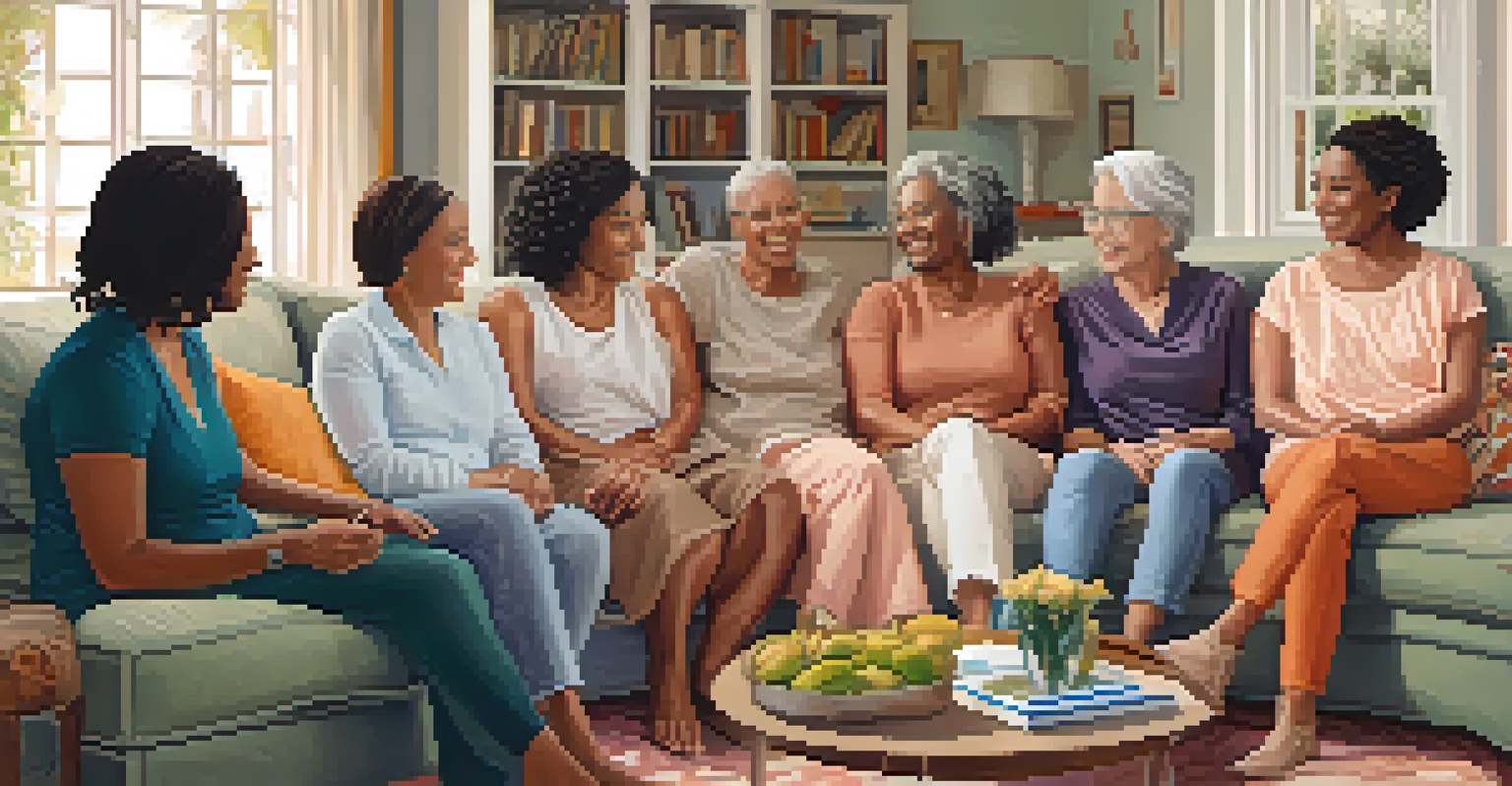 A diverse group of women sharing experiences and support about menopause in a warm, inviting living room.