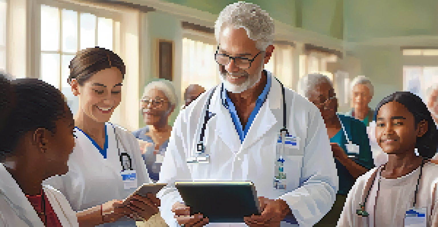 A healthcare professional interacting with a diverse community group, showing educational content about vaccinations on a tablet in a bright space.