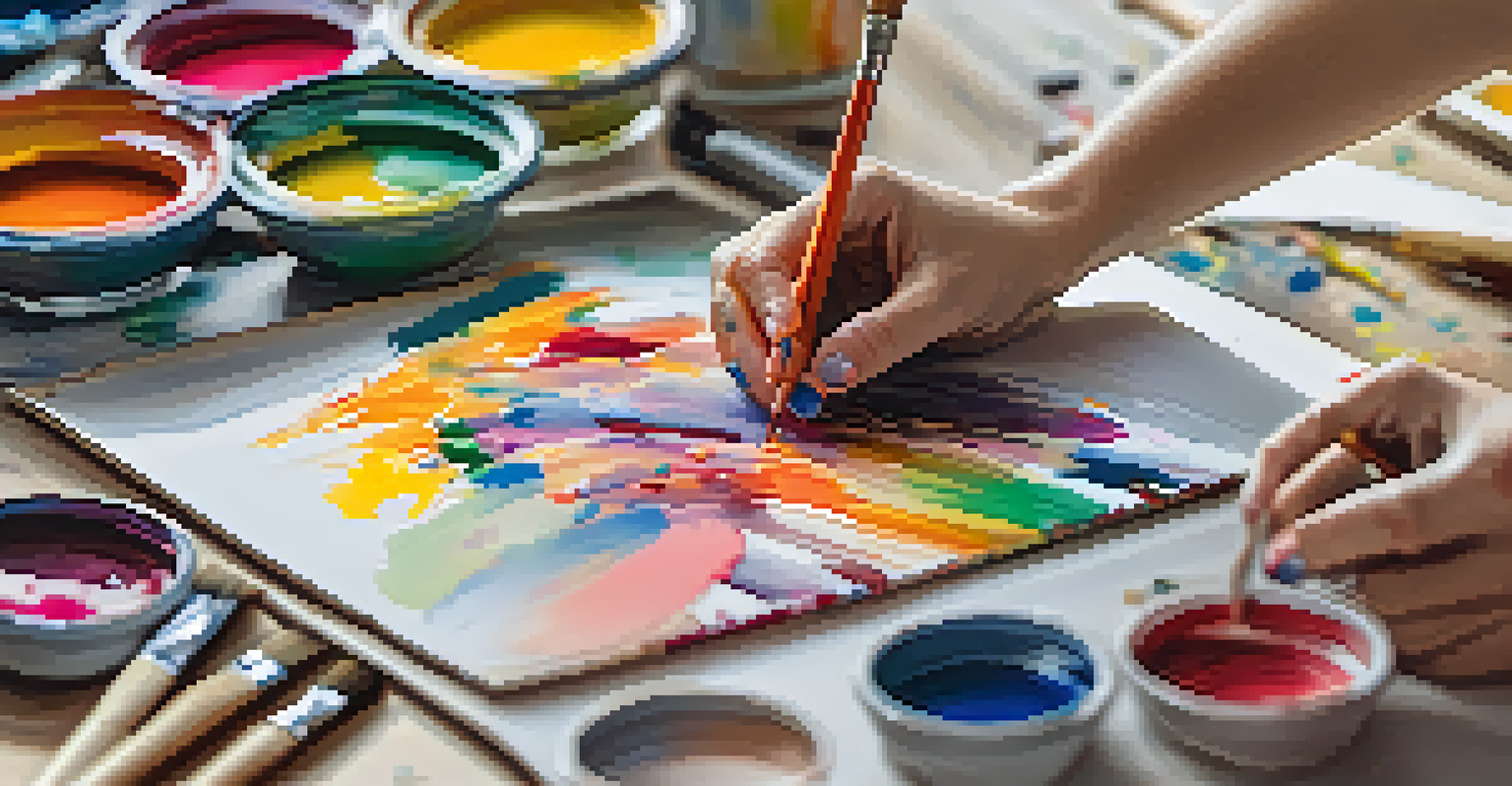 Close-up of hands painting on a canvas, surrounded by vibrant paints and brushes, with soft natural light illuminating the scene.