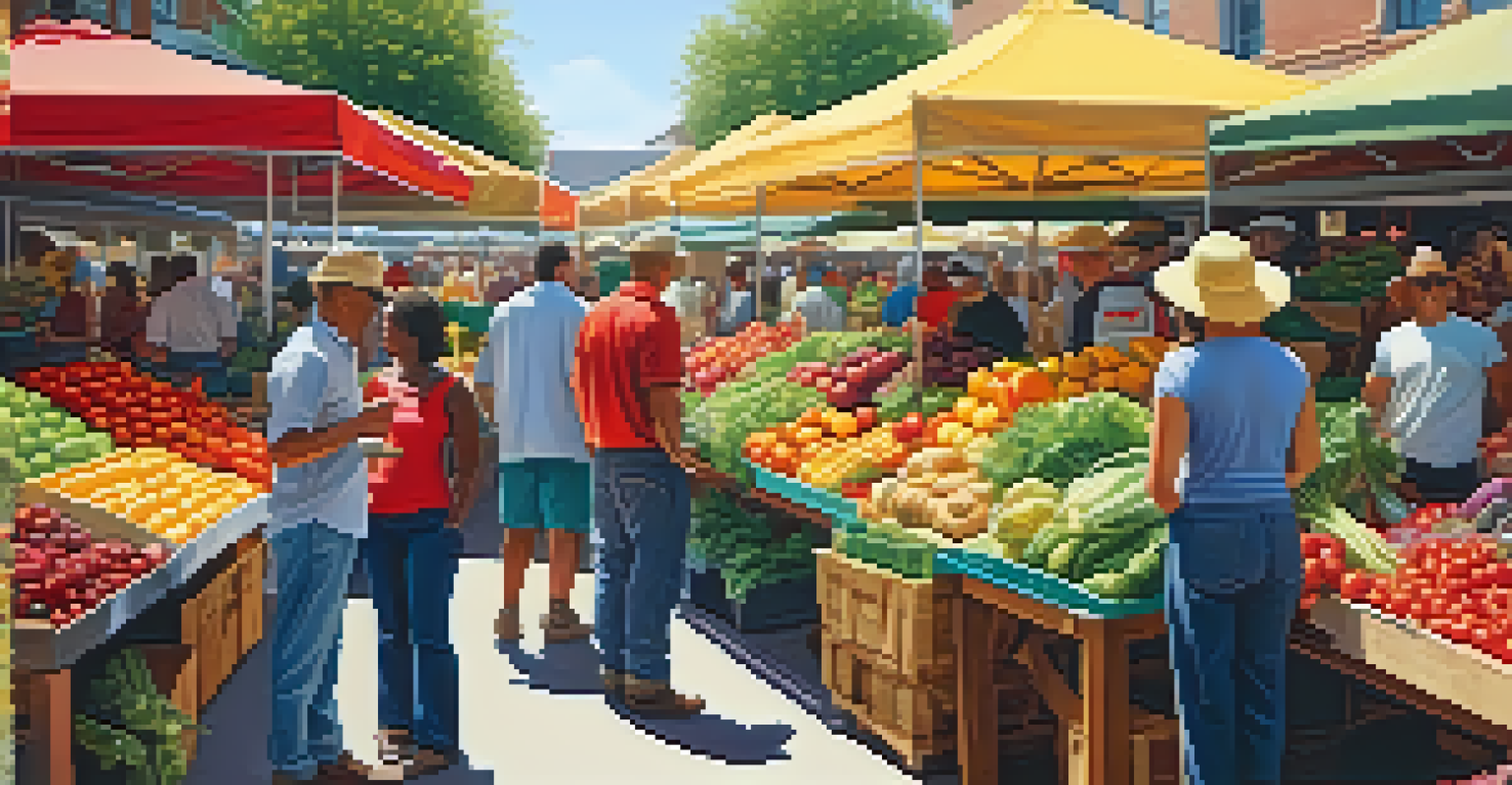 A lively farmer's market with colorful fruits and vegetables, people shopping and interacting under sunlight.