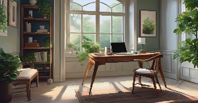 A cozy home office with a wooden desk, laptop, potted plants, and a window overlooking a garden, illuminated by soft evening light.