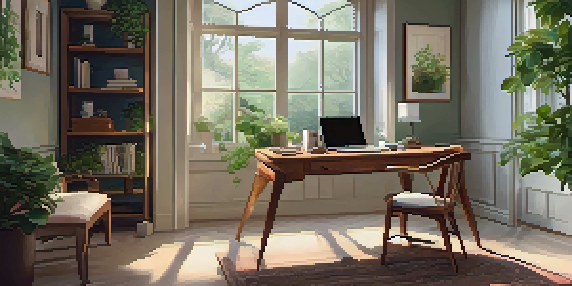 A cozy home office with a wooden desk, laptop, potted plants, and a window overlooking a garden, illuminated by soft evening light.