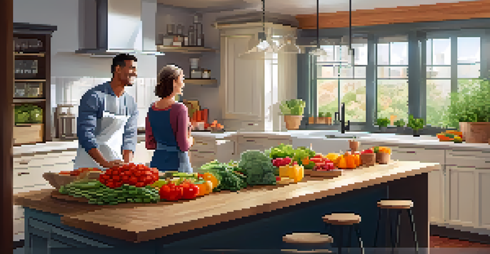 A health coach and client preparing healthy meals together in a sunny kitchen, surrounded by fresh ingredients.